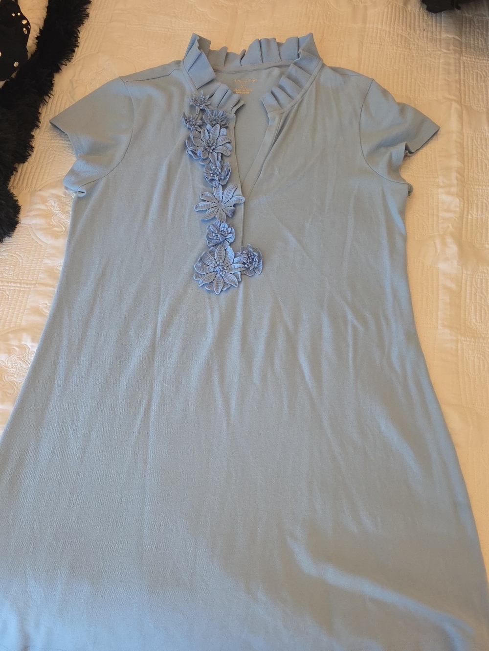 Lilly Pulitzer Powder Blue Floral Applique Ruffle Neck Dress...